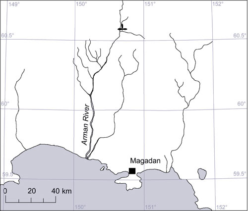 Map showing plant fossil locality on the Arman River